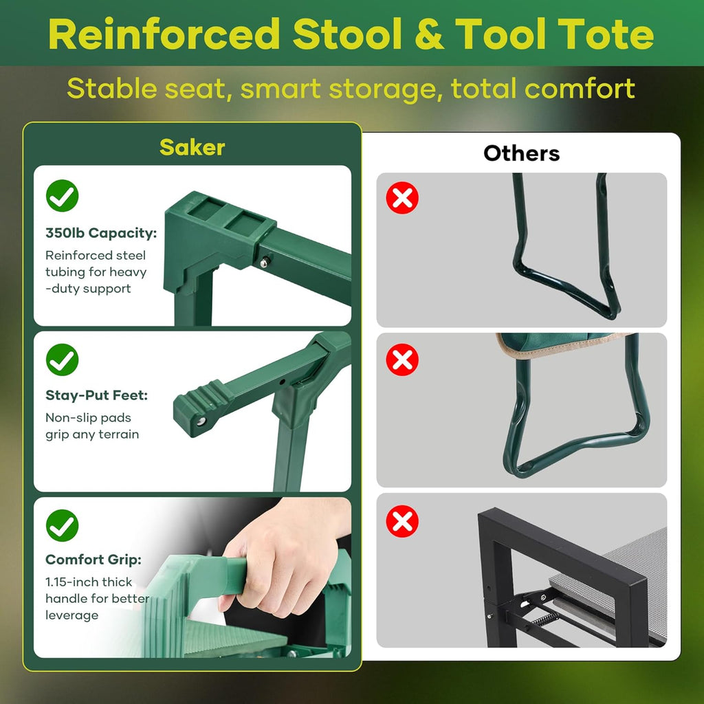 Saker Garden Kneeler and Seat Foldable Gardening Stool with Extendable Legs | Thickened Pad Tool/Storage Bag , Heavy