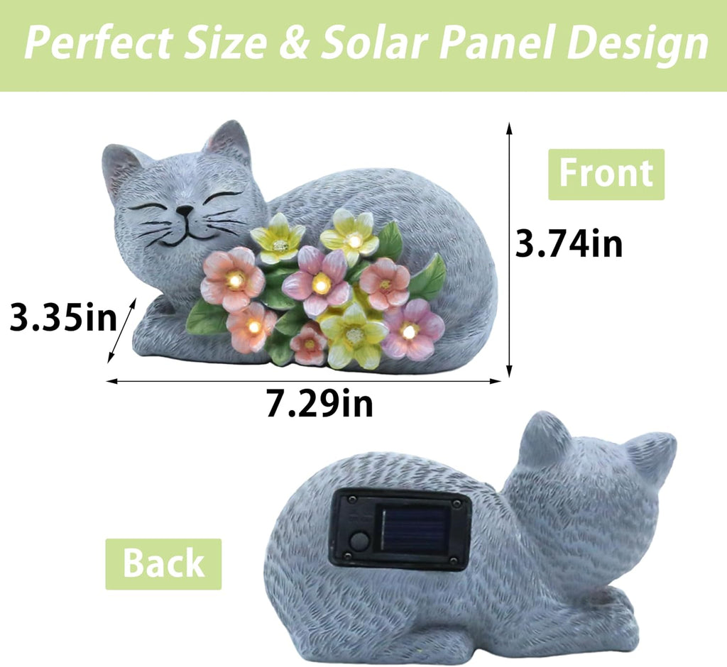 Solar Cat Garden Statue, Resin Solar Cat Lights for Outside | Outdoor Cat Statues with Flower for Lawn Porch Yard Art