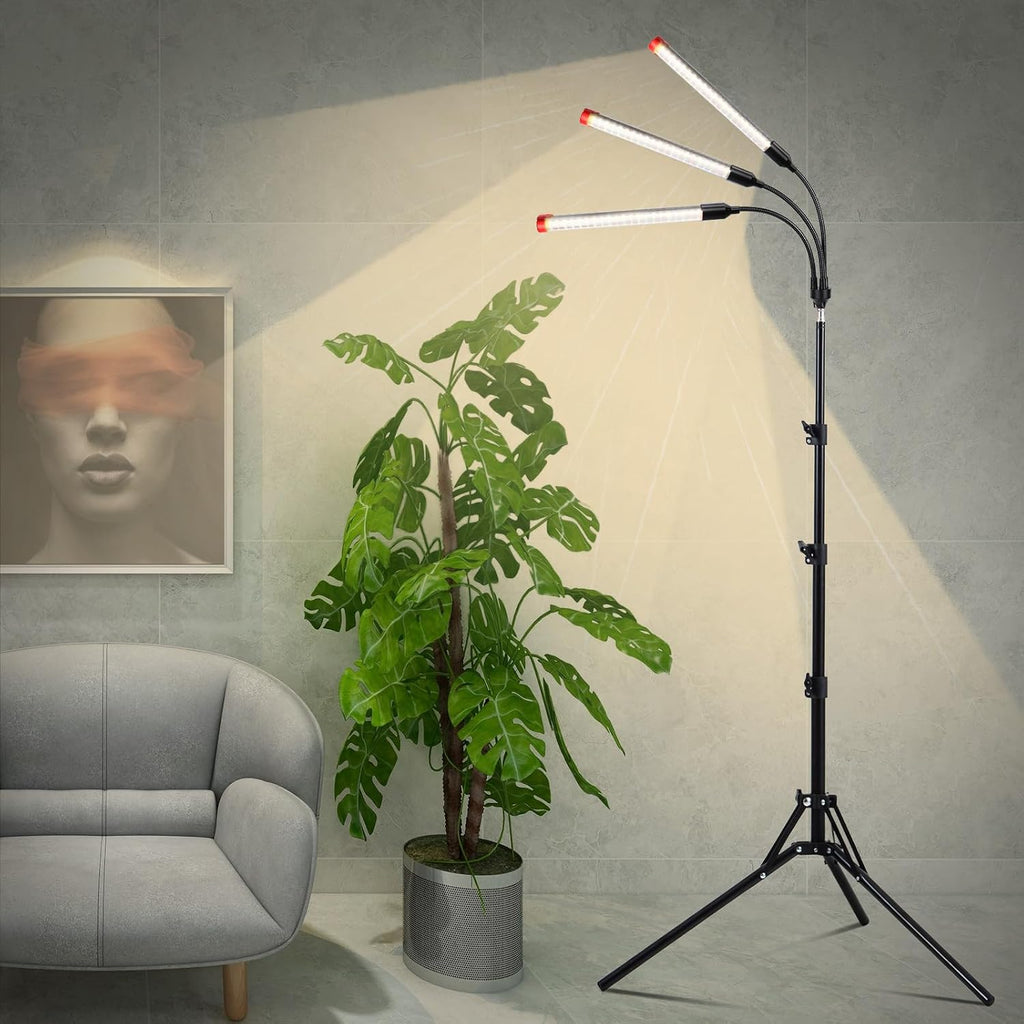 3Head Grow Light with Stand, 5-Mode Timer 4/8/12/16/20H, 27 Watt Power Home Plug LED Grow Lights for Indoor Plants for