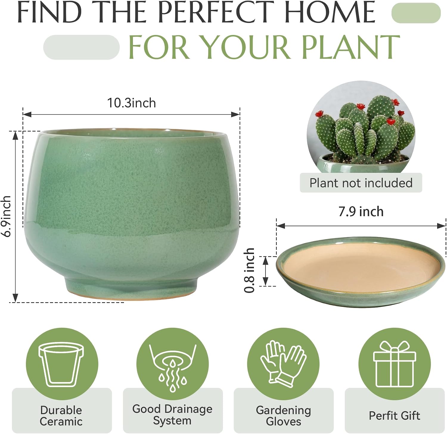 10.3 Inch Flower pots for Indoor Outdoor Plants with Saucer Drainage Leak-Proof Mesh, Ceramic Planter with Gardening