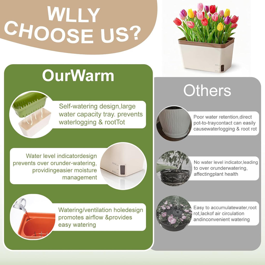 OurWarm Self Watering Pots for Indoor Plants, 6 Pack 10.5 Inch Plastic Window Herb Planter Box with Water Level