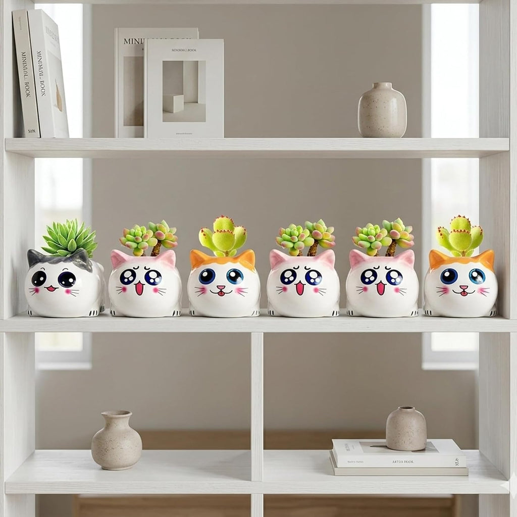 Cat Succulent Pots Set of 6 - Small Ceramic Animal Planters with Drainage | Cute Mini Flower Pots for Air Plants &