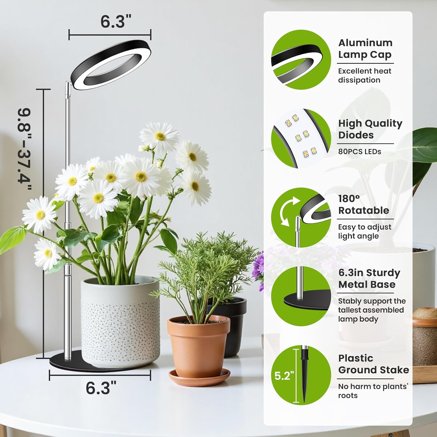 Kullsinss 6.3in Plant Lights for Indoor Growing, 80 LEDs Full Spectrum | Black Desk Plant Light with 2 Mounting