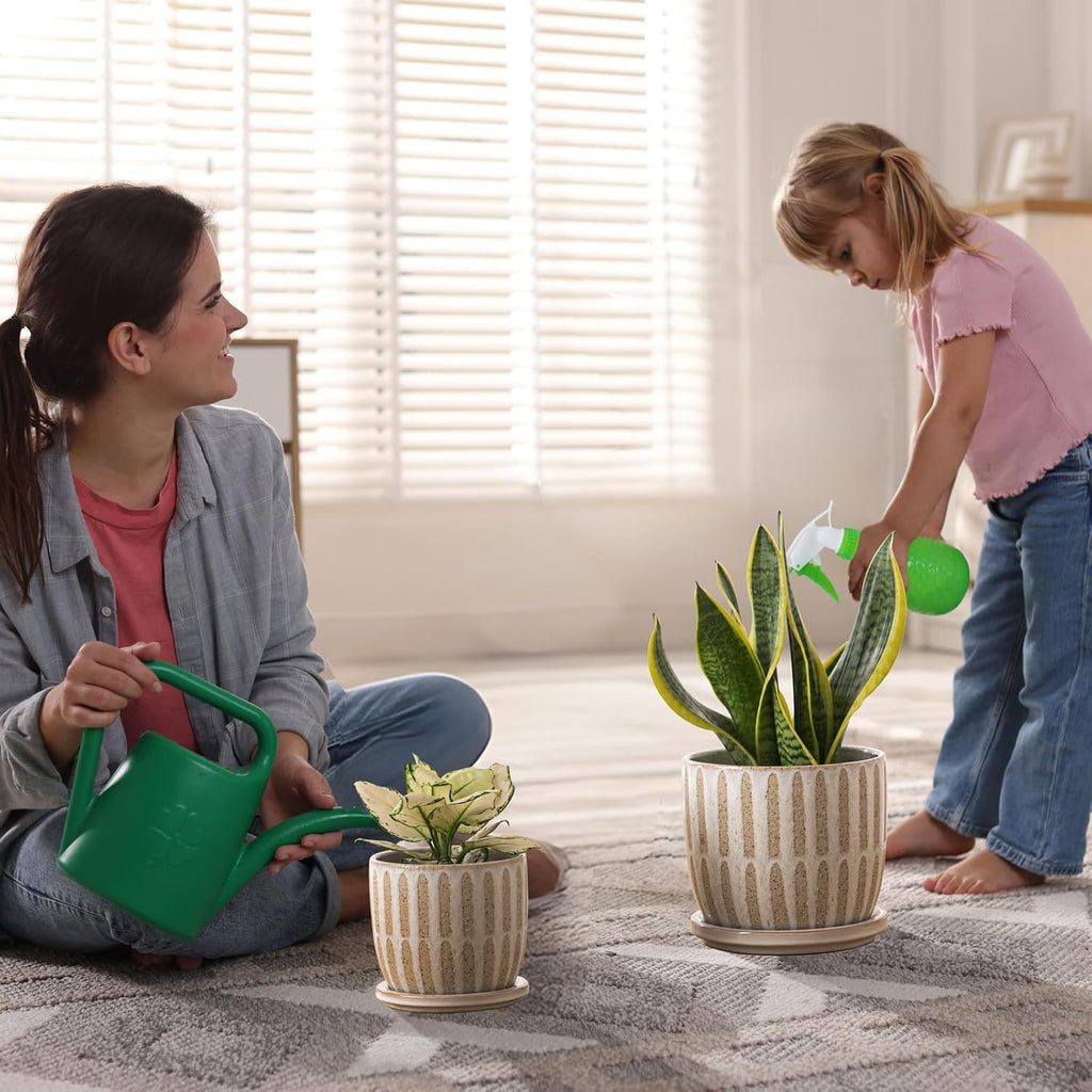 Ceramic Flower Pots Indoor-Outdoor: 5.75 Inch Planters with Drainage Holes & Saucer - Modern Decorative Plant Pots