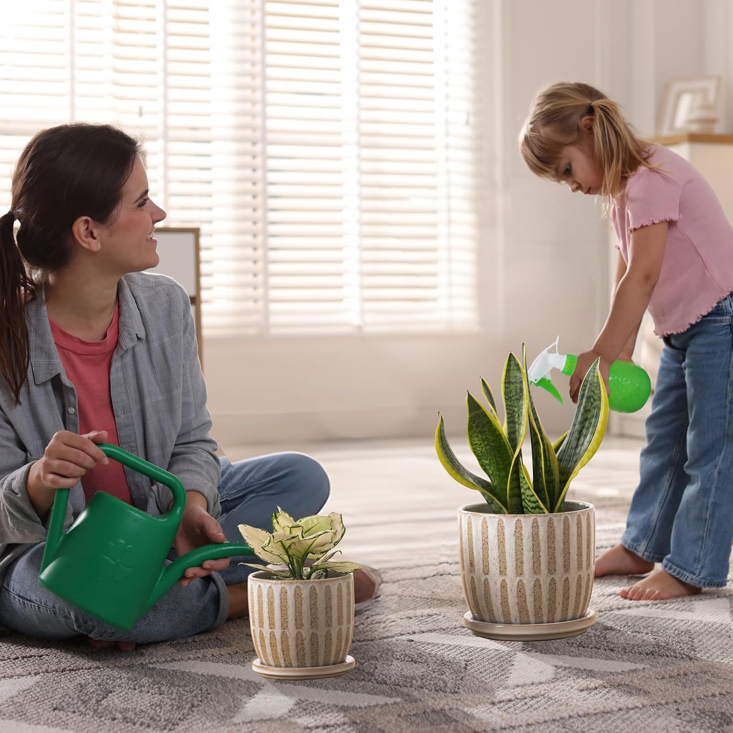 Ceramic Flower Pots Indoor-Outdoor: 5.75 Inch Planters with Drainage Holes & Saucer - Modern Decorative Plant Pots