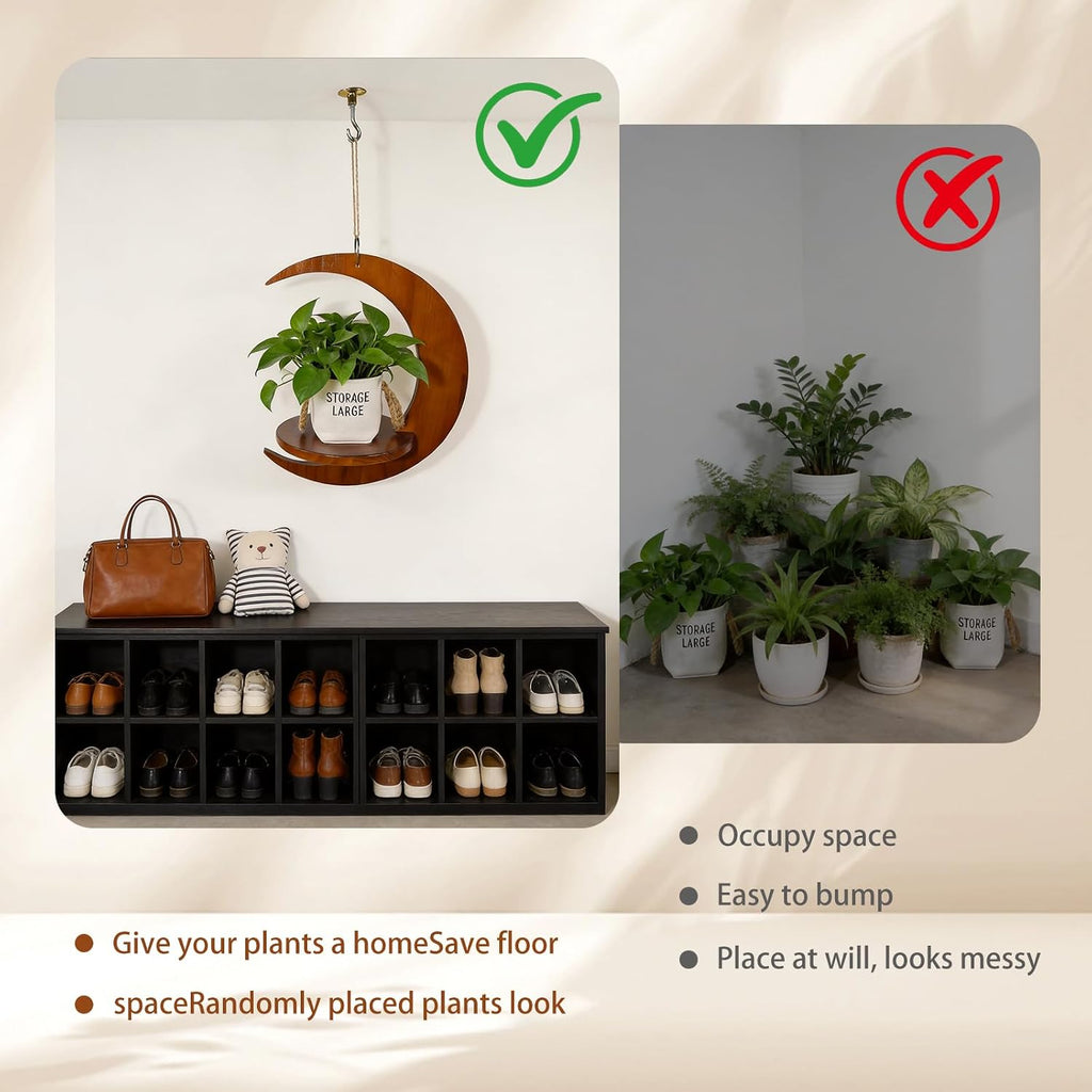 Moon - Shaped Wooden Hanging Plant Stand, Nordic Modern Window Plant Shelf | Space-Saving Indoor Flower Holder for