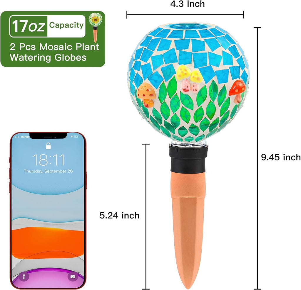 SAVENNA Mosaic Plant Watering Globes with Terracotta Spikes, 17oz Glass Self Watering Globes for Indoor & Outdoor