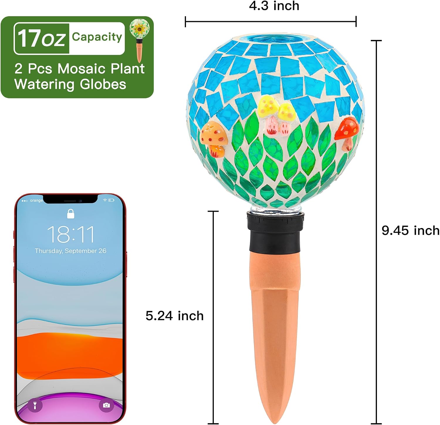 SAVENNA Mosaic Plant Watering Globes with Terracotta Spikes, 17oz Glass Self Watering Globes for Indoor & Outdoor