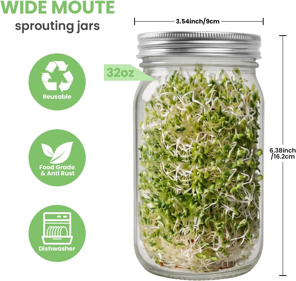 Seed Sprouting Jar Kit, 2 Wide Mouth Quart Mason Jars with Stainless Steel Screen Sprout Lids, Drip Tray, Stand