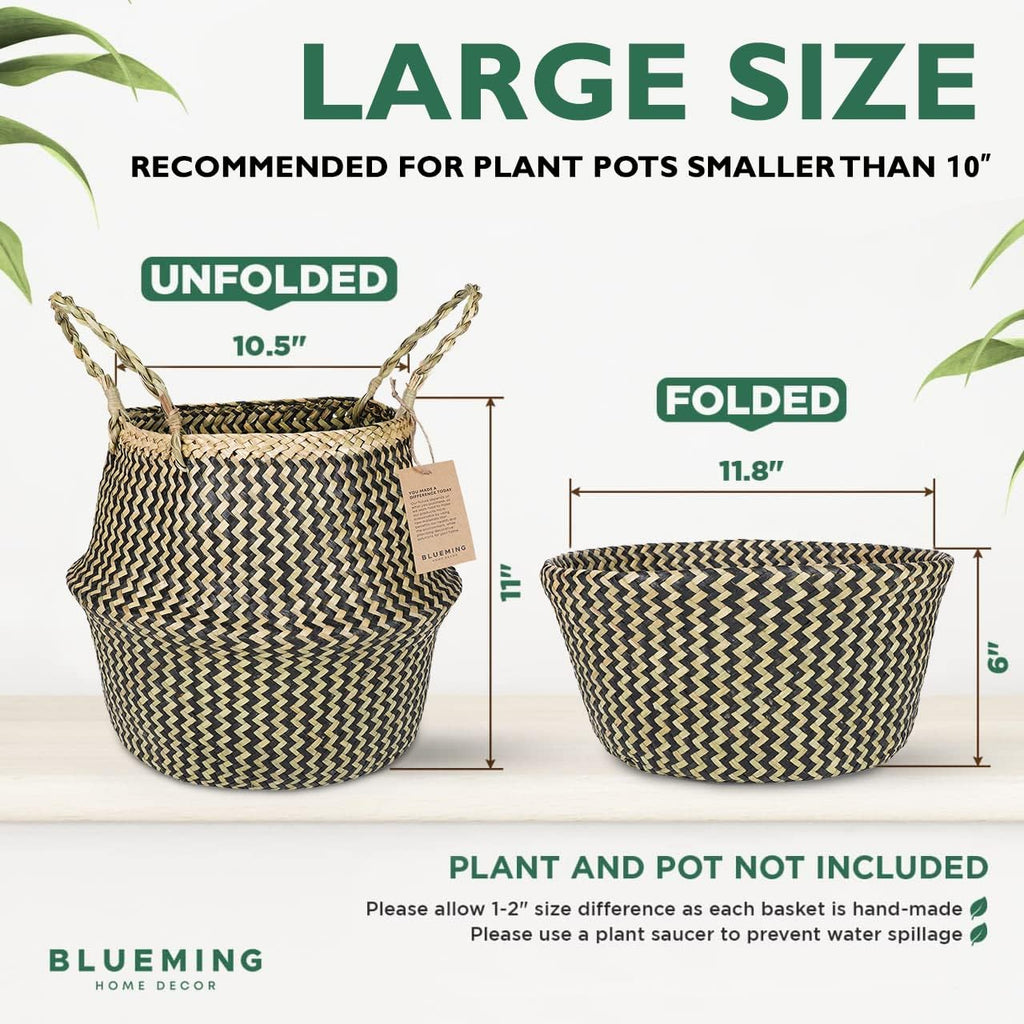 Blueming Home Wicker Plant Basket – Large Seagrass Floor Pot for Faux Olive Tree or Snake Plant, Black Decorative Woven