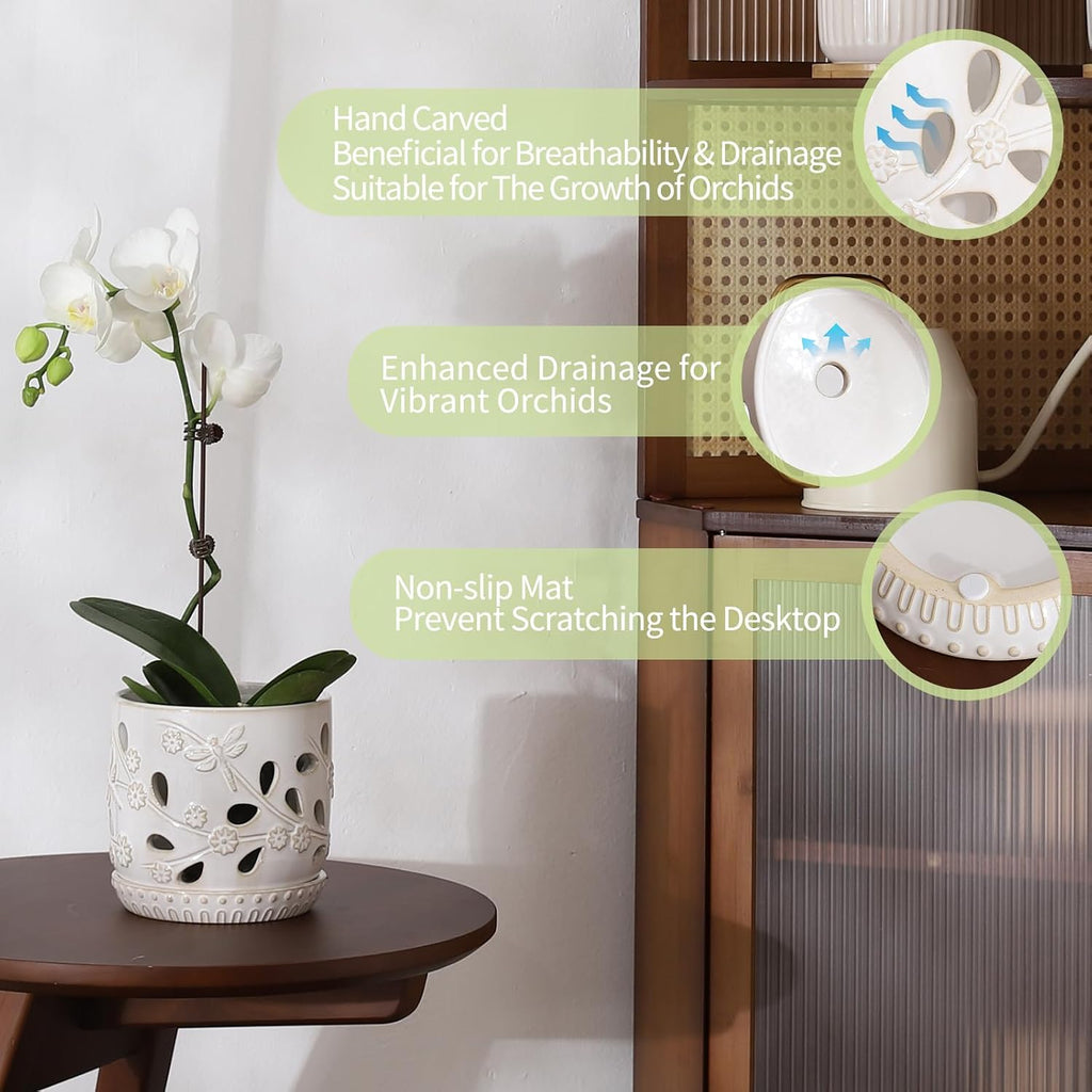 6.5" + 5" Ceramic Orchid Pot with Drainage Holes & Saucer | Orchid Containers with Precise Aeration, White Flower Pots