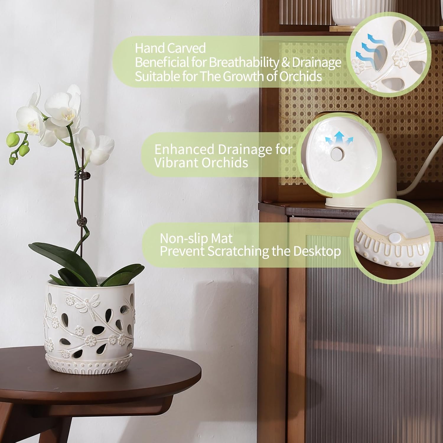 6.5" + 5" Ceramic Orchid Pot with Drainage Holes & Saucer | Orchid Containers with Precise Aeration, White Flower Pots