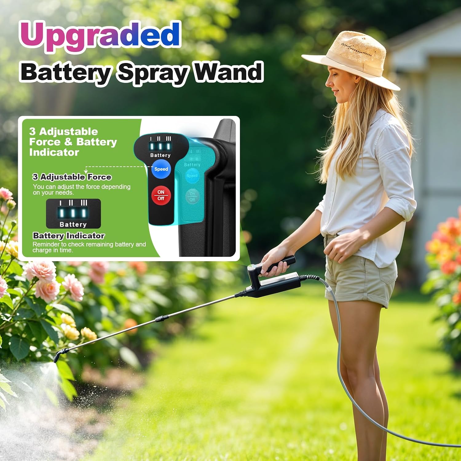 Battery Powered Sprayer Wand, 32 Inch Garden Sprayer Telescopic Wand with 3 Adjustable Speeds, Battery Indicator, 26.2