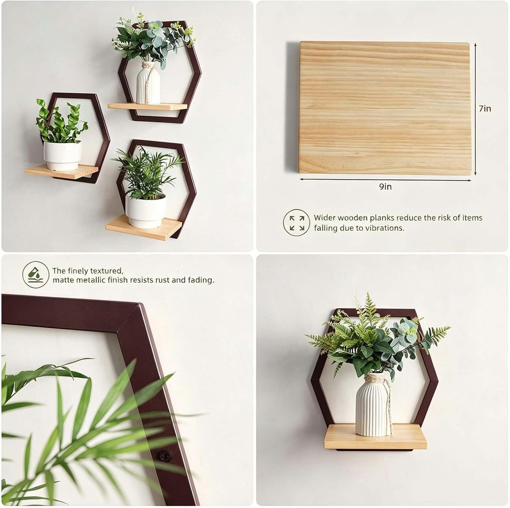 3 Pack Hexagon Wall Plant Stands, 9 Inch Wood Shelf, Coffee | Soild Wood,Metal Framework,Wall Plant Stand,Natural Wood