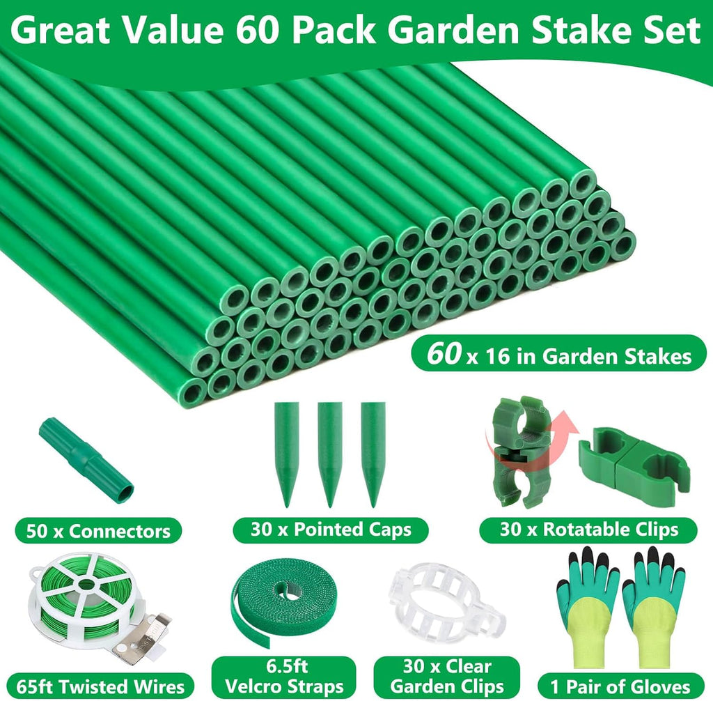 Lezmarket 60 Pack Garden Tomato Stakes(16" Each), Plant Support Stakes, DIY 4ft 5ft 6ft 7ft Sturdy Fiberglass Plant