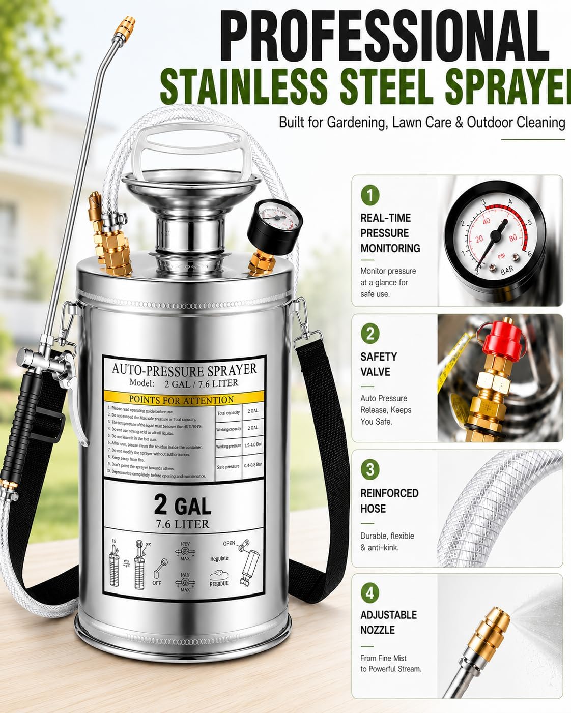 2Gal Stainless Steel Pump Up Sprayer Reinforced Hose, Hand Pump Sprayer with Pressure Gauge&Safety Valve, Adjustable