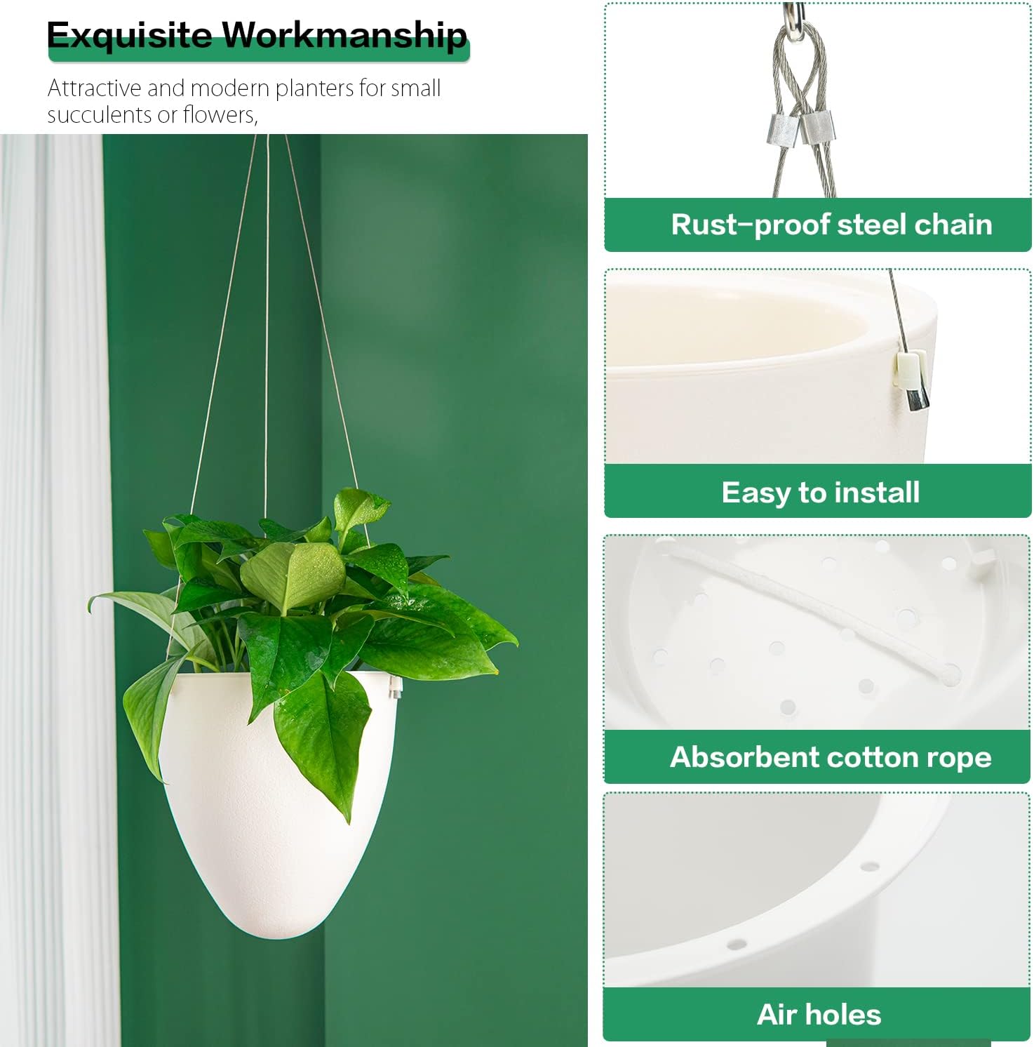 Sungmor 3 Pack Plastic Self Watering Hanging Planters - Eggshell Shape | Indoor Outdoor Hanging Pots for Plants, Modern