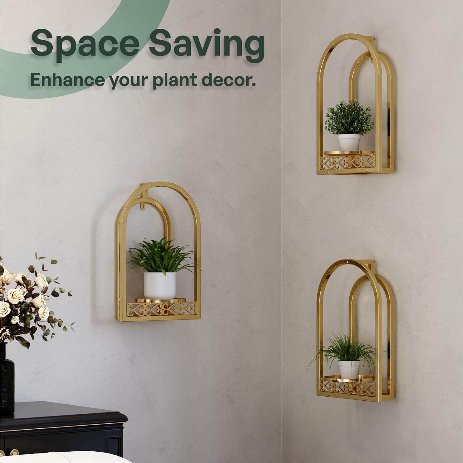 3 Pack Wall Plant Stand, Mid Century Iron Wall Decor, Gold | Space-Saving, indoor & outdoor plants, rustproof iron