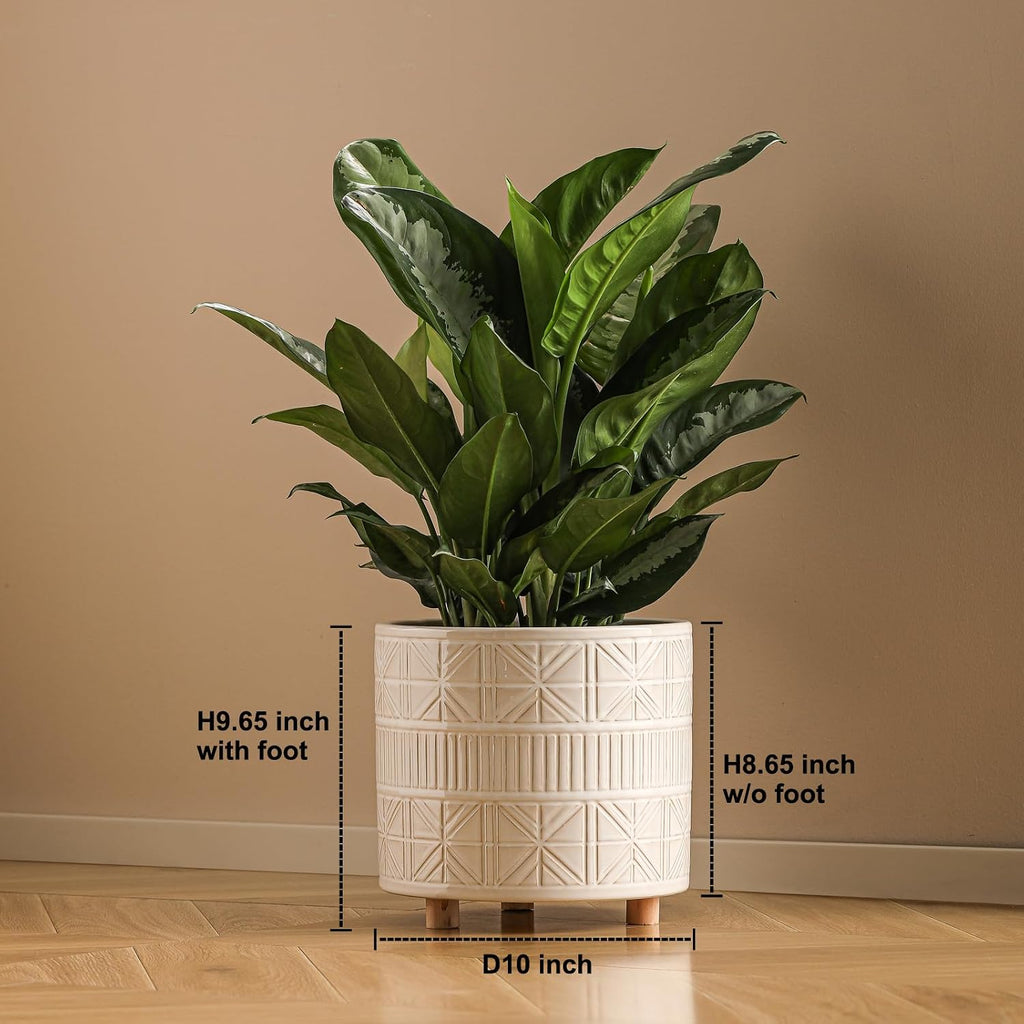 Ceramic Plant Pot with Foots: 10 Inch Planter with Wooden Legs - Large Pots for Indoor Plants - Modern Flower Pot for
