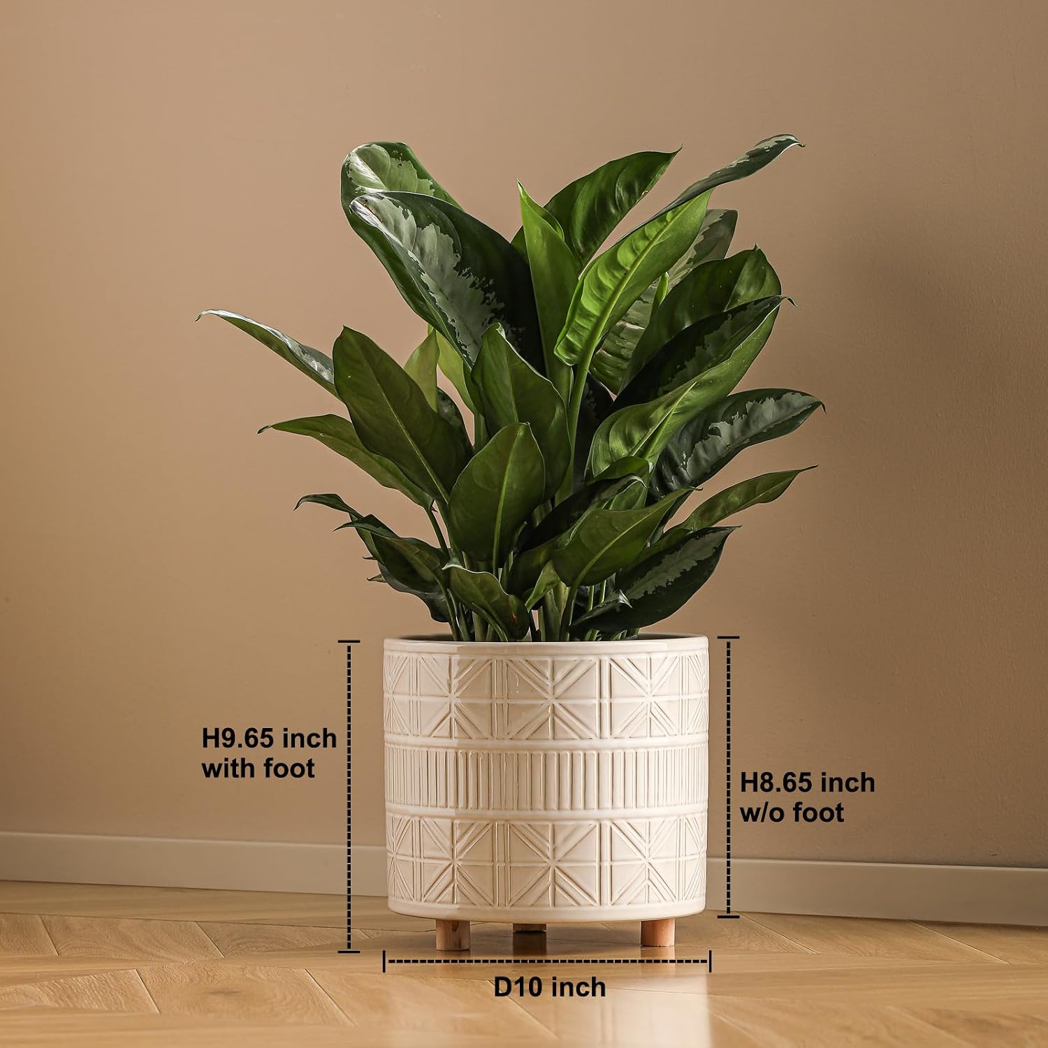 Ceramic Plant Pot with Foots: 10 Inch Planter with Wooden Legs - Large Pots for Indoor Plants - Modern Flower Pot for