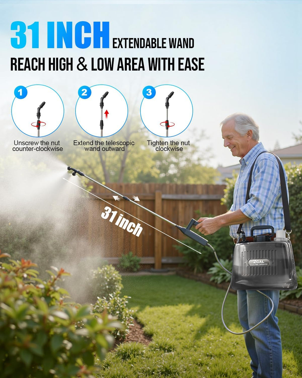 Battery Powered Sprayer 2 Gallon, Electric Weed Sprayer with 3 Adjustable Pressure Levels, 4 Nozzles & Extendable Wand