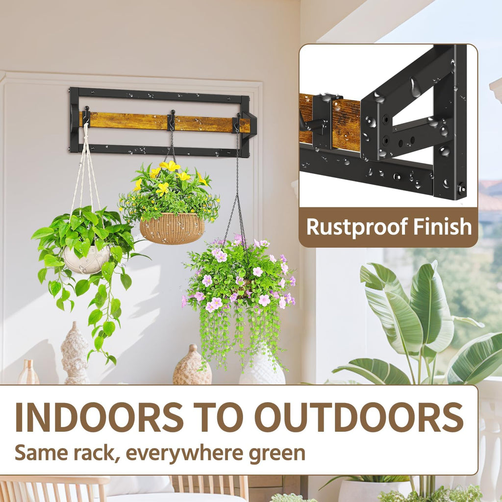 LASZOLA Plant Hanger Holder Shelf Indoor Window Wall Mount, 2 Pack Brown | Plant Hanging Rod with 6 Heavy Duty Hanging