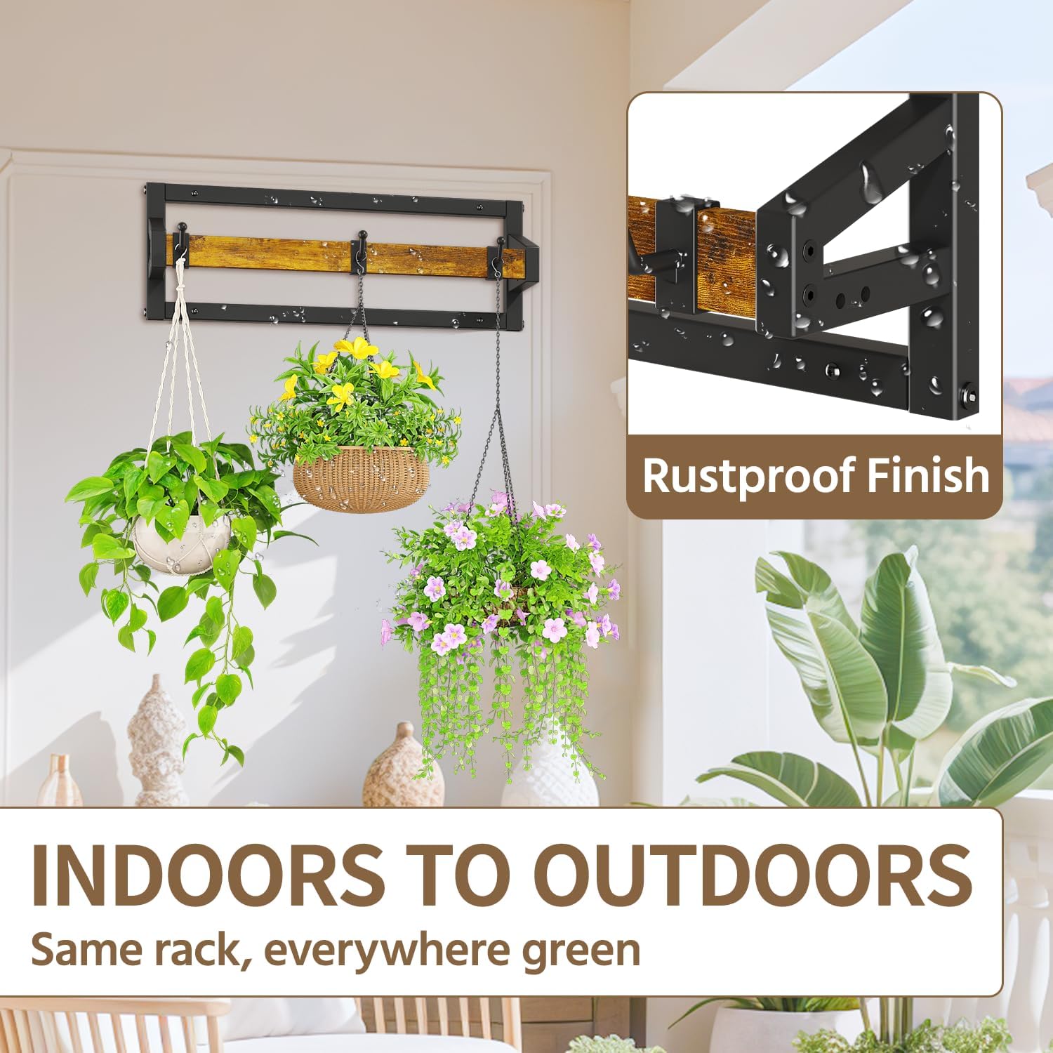 LASZOLA Plant Hanger Holder Shelf Indoor Window Wall Mount, 2 Pack Brown | Plant Hanging Rod with 6 Heavy Duty Hanging