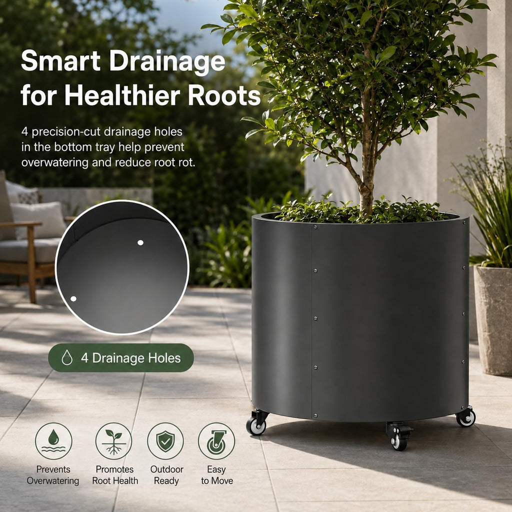 2 Pack Rolling Planter for Tree,Large Metal Tree Pots for Outdoor | 22"x 24" Round Planter Box with 4 Drainage Holes &