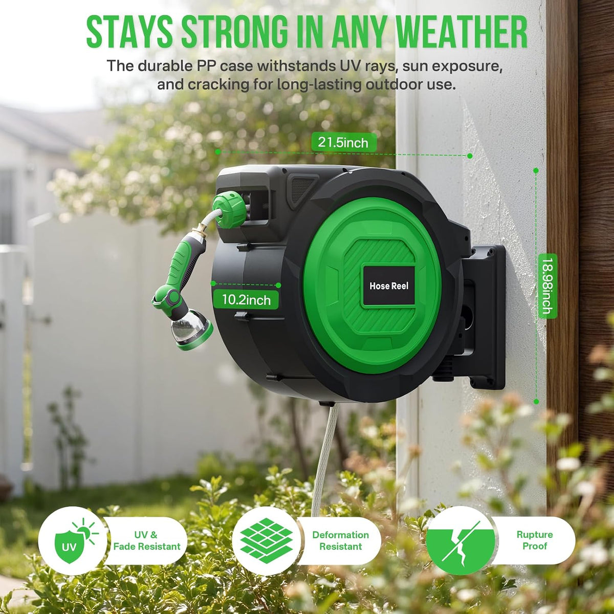 Retractable Garden Hose Reel, 1/2 in x 150 ft Heavy Duty Wall-Mounted Hose Reel with 180° Swivel Bracket, 10-Pattern
