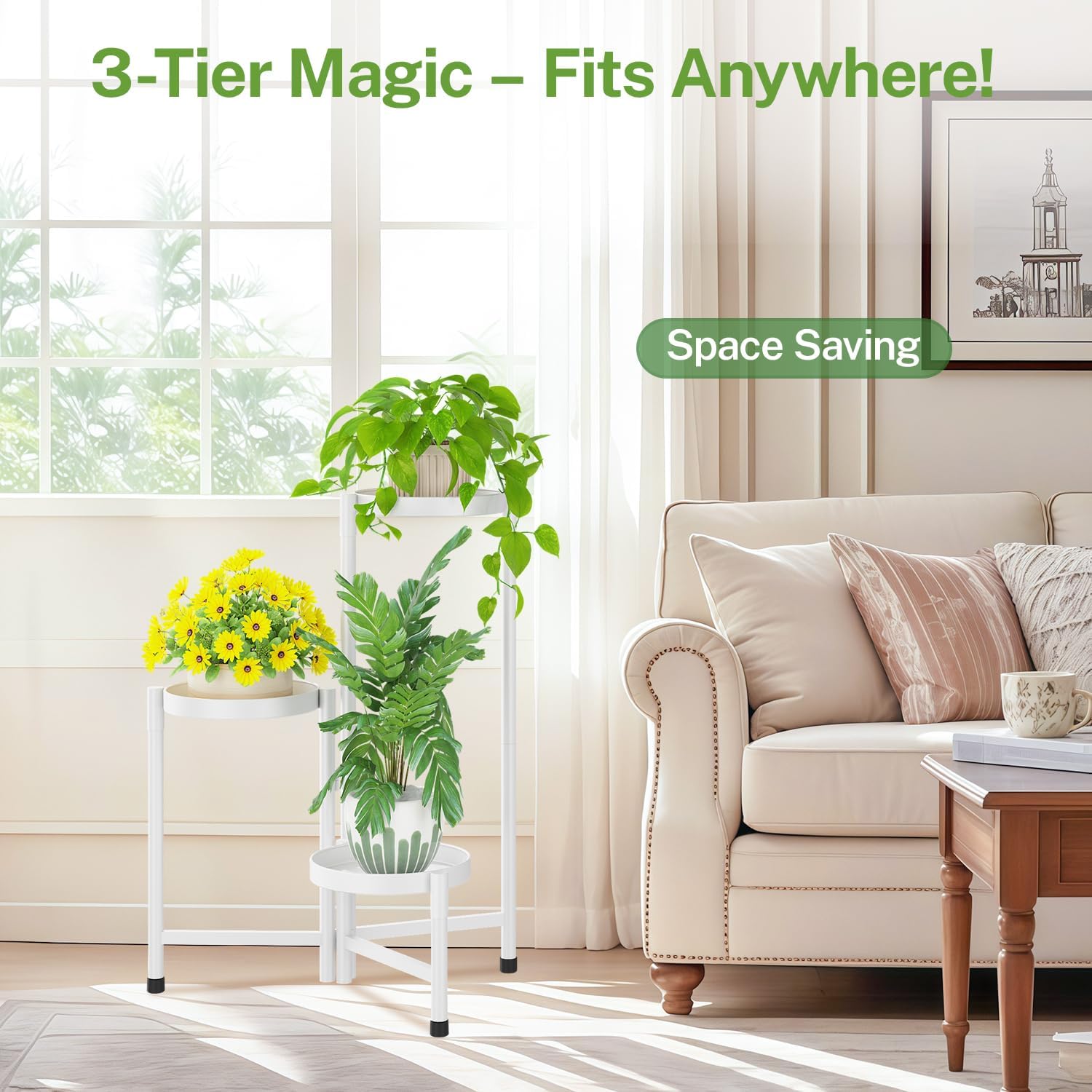 iDavosic.ly Plant Stand Indoor Outdoor, 3 Tier Metal Corner Shelf, White | Tiered Flower Display Holder, Folding Multi