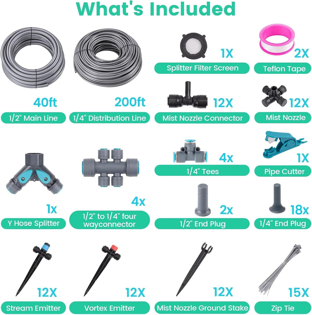 240FT Drip Irrigation System Garden Watering System-Quick-Connect | 1/4" & 1/2" Fast-Lock Tubing, Adjustable Nozzles