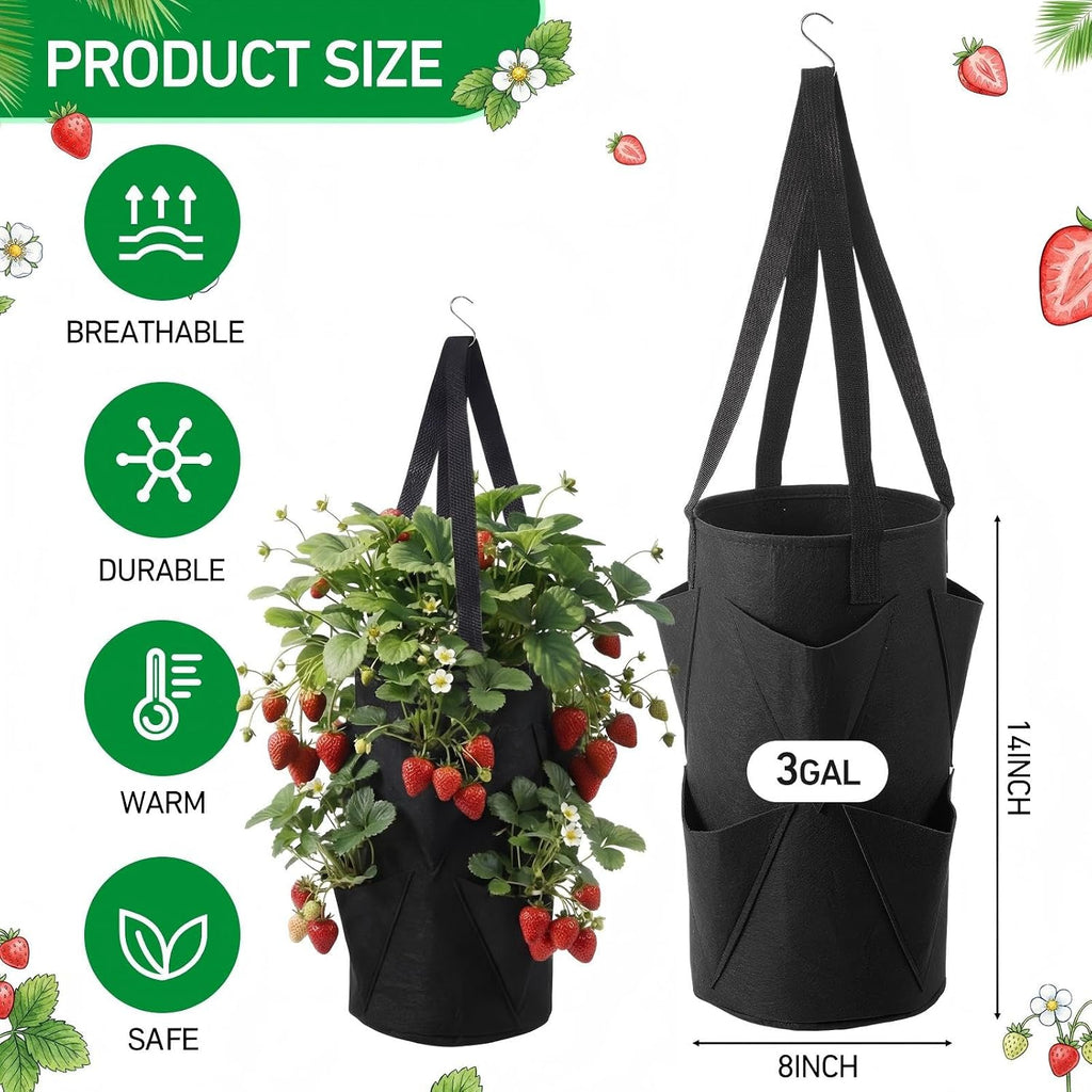 SATINIOR 10 Pack Upside Down Strawberry Planter Set Hanging Vegetables Grow Bags with 10 S Hooks, 3 Gallon Fabric