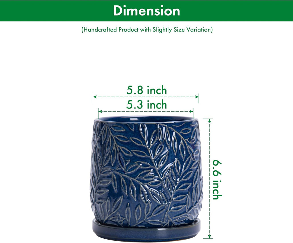 D'vine Dev Embossed Leaves Ceramic Planter, 6 in, Midnight Blue, 27-A-X-3 | Nature-Inspired Leaf Pattern, Handcrafted