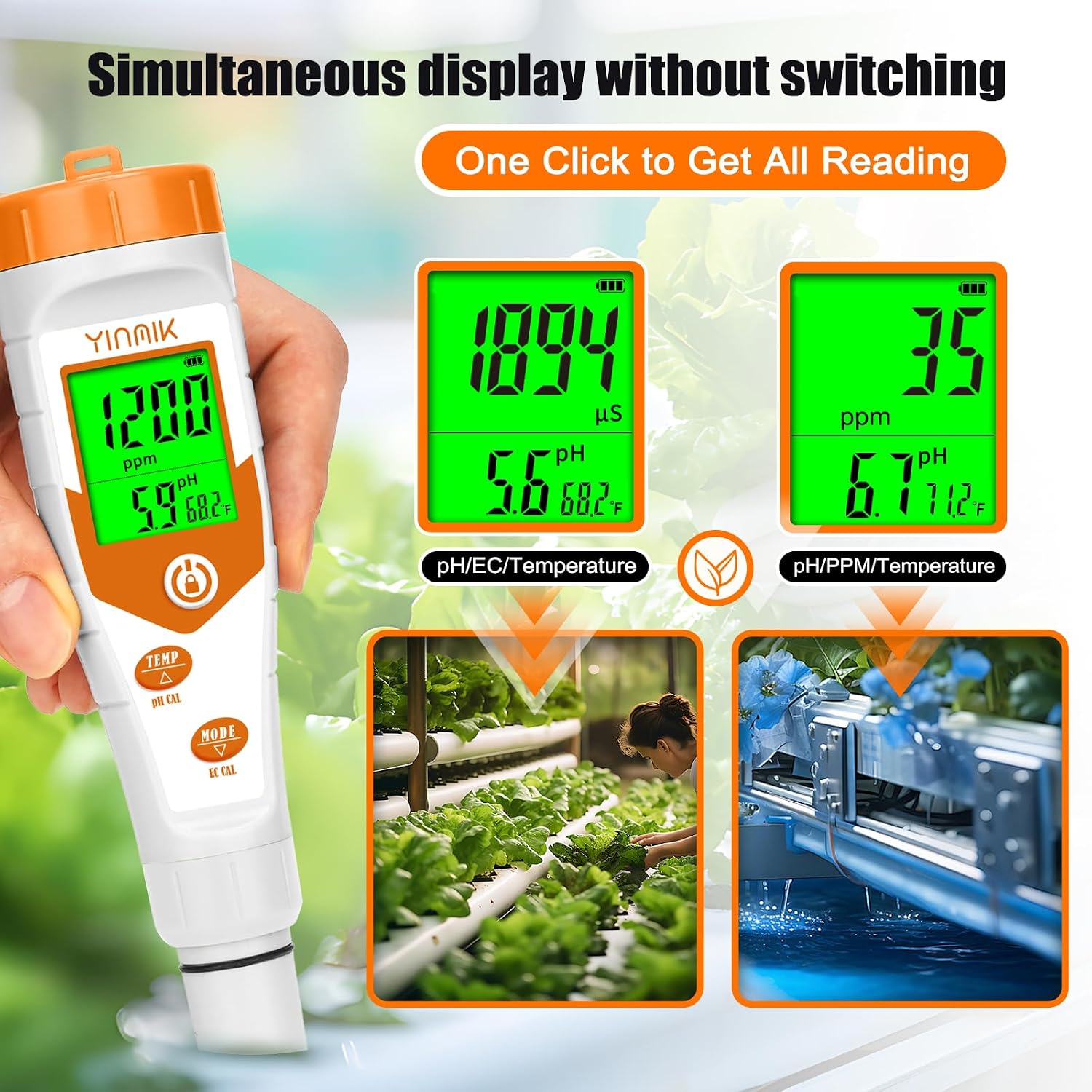 pH Meter for Hydroponics, 4 in 1 PPM EC Meter for Plant Nutrients | Simultaneous Measurement of pH Conductivity TDS