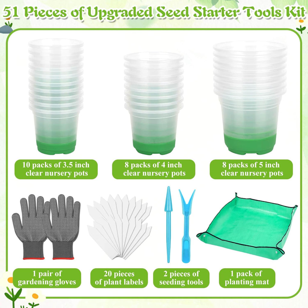 Caffox 51PCS Reusable Seed Starter Kit Includes 26 Packs 3 Sizes Clear Nursery Pots with Silicone Base, Repotting Mat