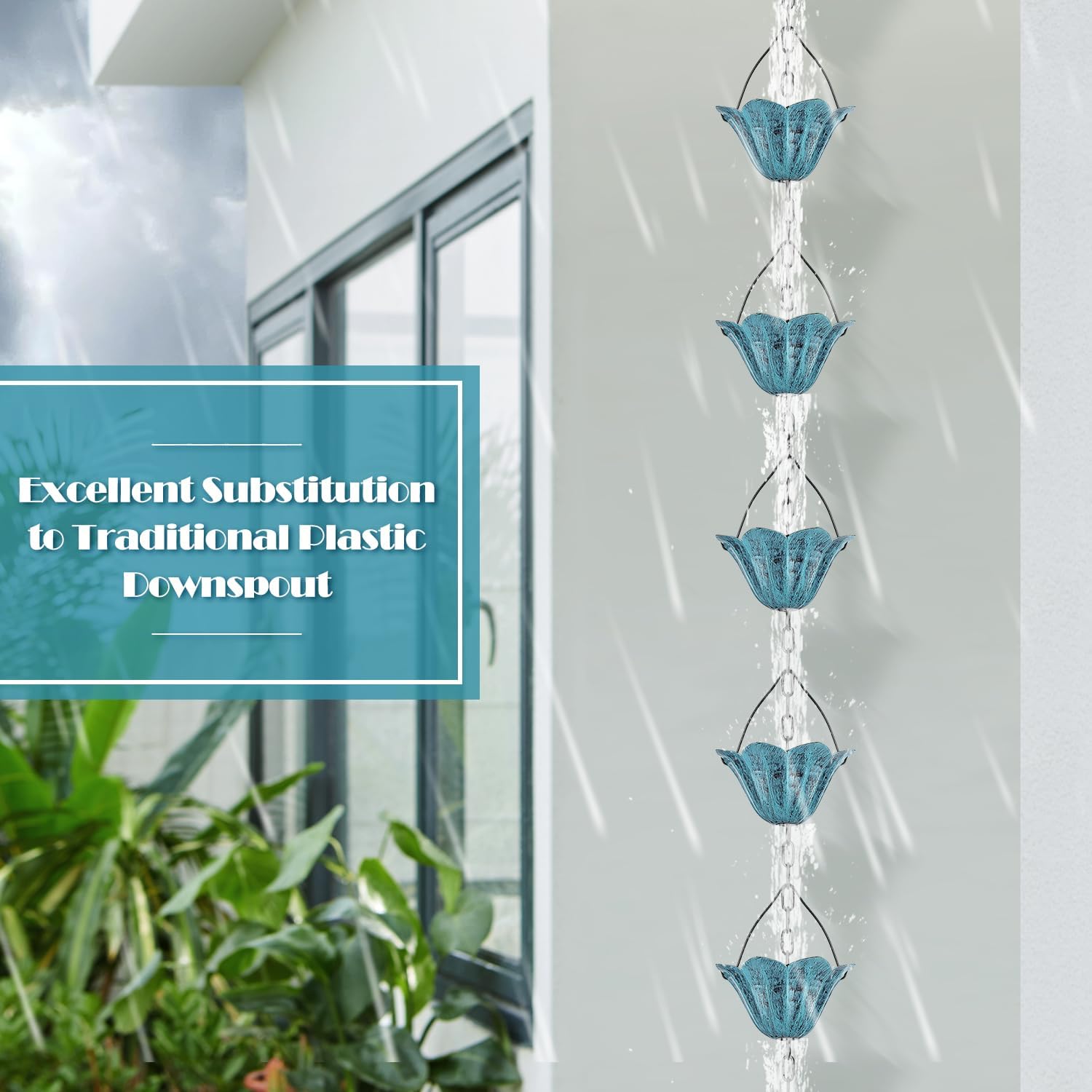 8.5 FT Tulip Rain Chain with 12 Cups for Gutters Downspouts Outside | Metal Material, Large Flower Opening to Avoid