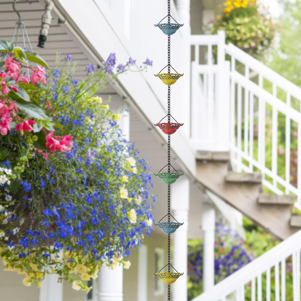 8.5 FT Colorful Rain Chain with 12 Cups for Gutters Downspouts Outside | Metal Material, Large Opening to Avoid