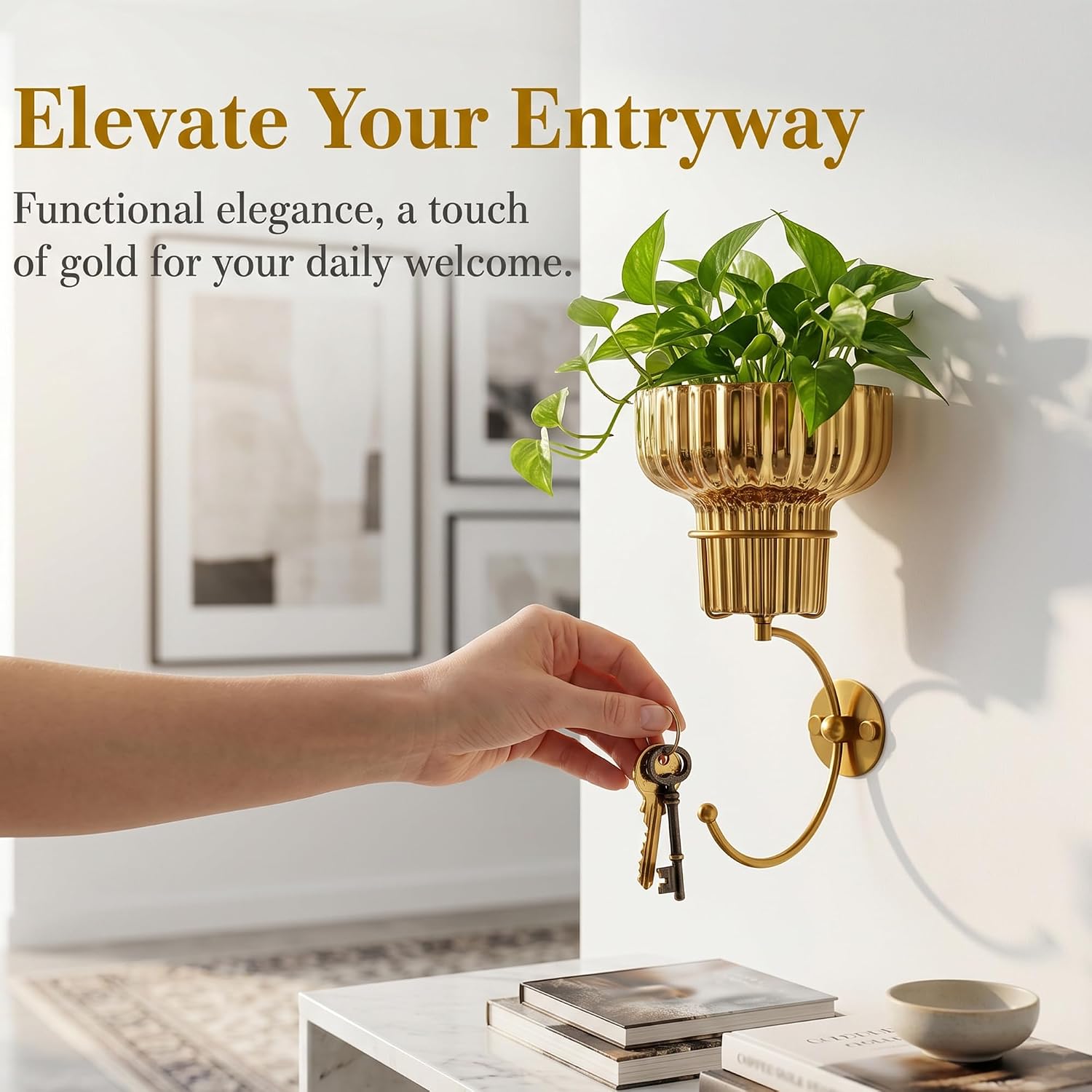 Hanging Plant Wall Vessel for Flowers with Hook, Indoor Outdoor Boho Bathroom Decor Wall Art Planter Mounted Vase (Gold)