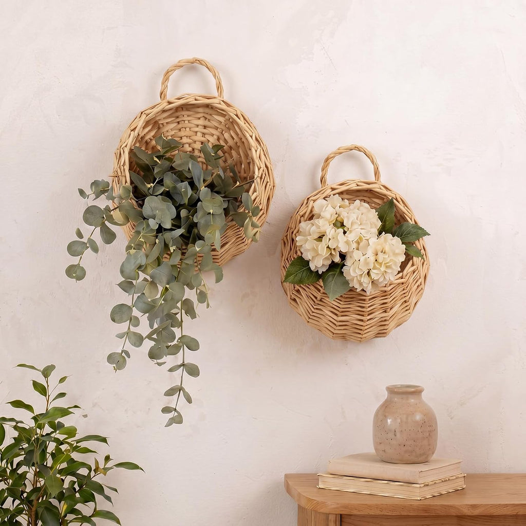 Chumia 2 Pack Wicker Hanging Basket 14" and 8" Handmade Woven Wall Hanging Basket for Plant Decorative Boho Mounted
