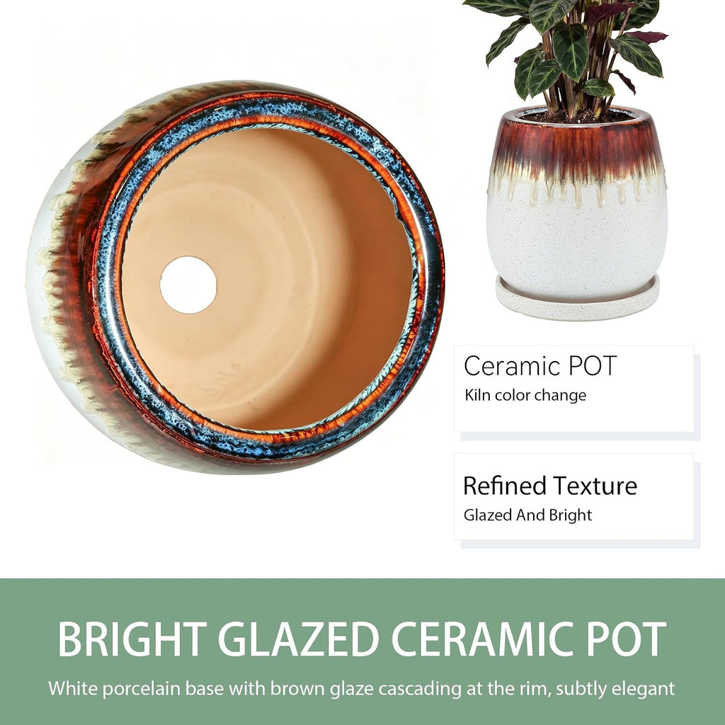 10.3 Inch Ceramic Glaze Plant Pot with Saucer, Flower Pots with Drainage Hole Mesh Net (Hemp-White)