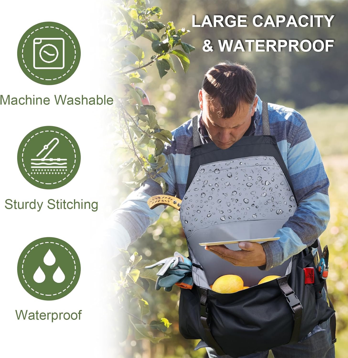 Gardening Apron Waterproof Cross Back Apron, Extra 600D Heavy Duty Apron Harvest and Large Quick Release Pockets