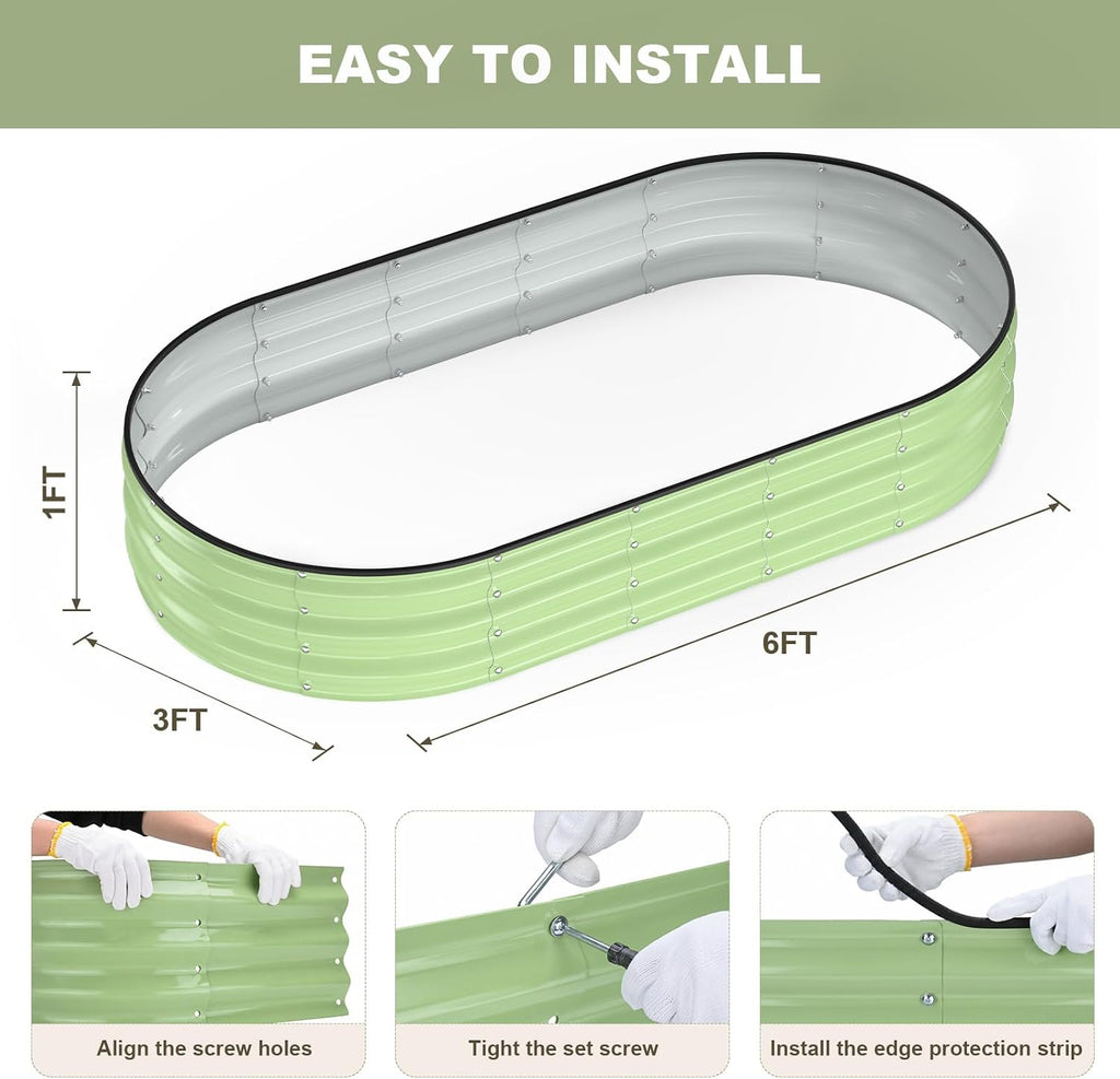Raised Garden Bed, 6x3x1ft Galvanized Outdoor Planter Beds with Safety Edging and Gloves, Oval Metal Planter Box for