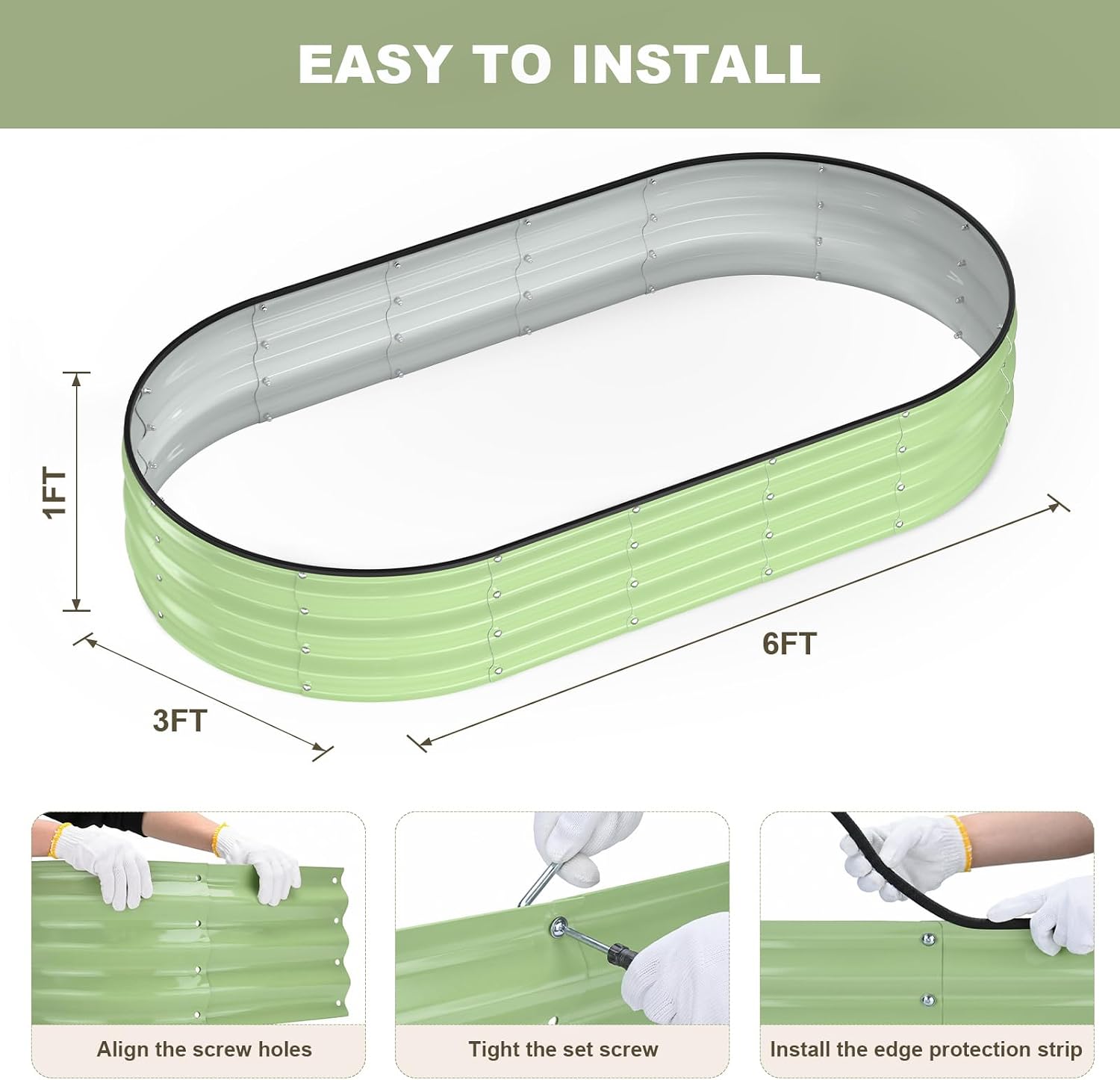 Raised Garden Bed, 6x3x1ft Galvanized Outdoor Planter Beds with Safety Edging and Gloves, Oval Metal Planter Box for