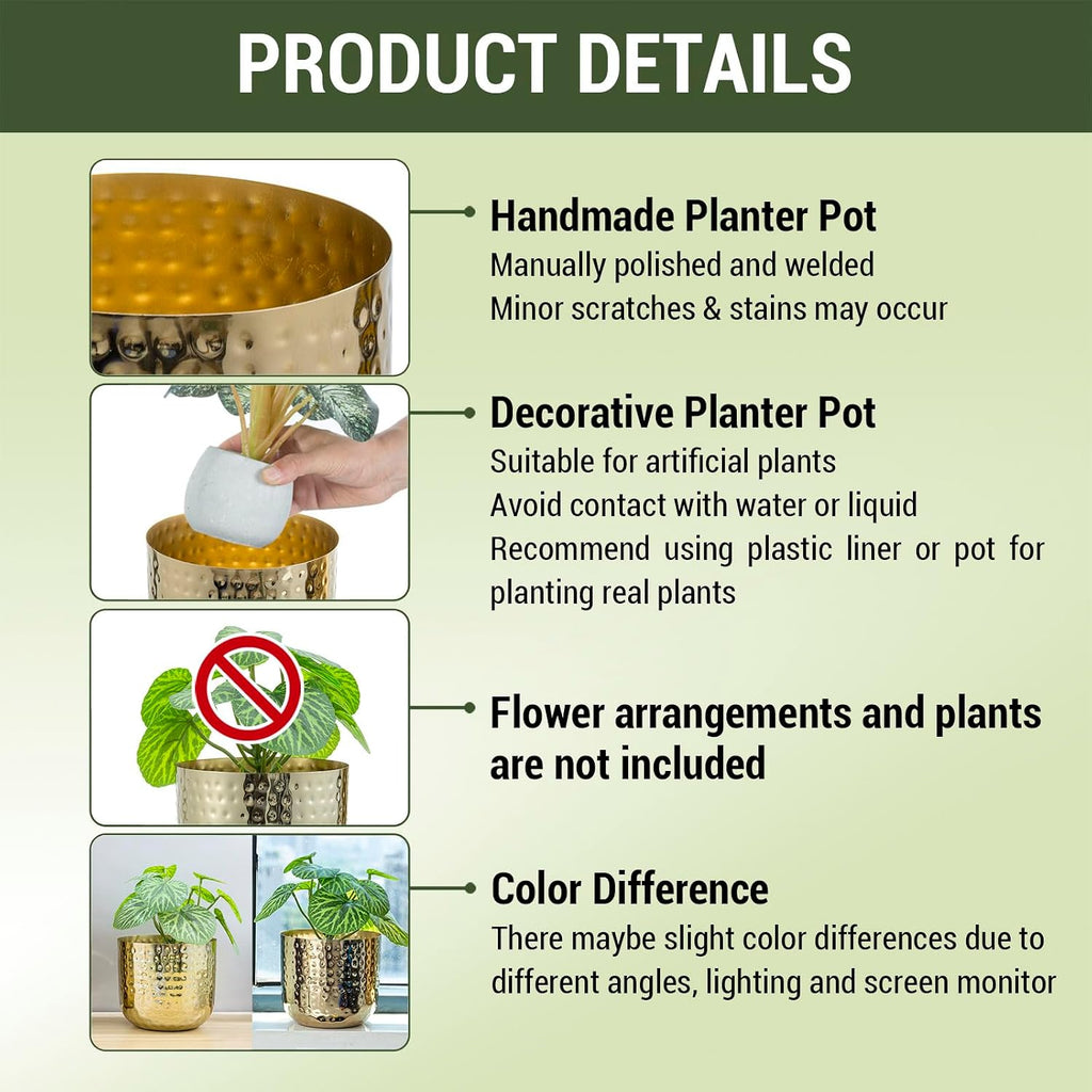 MyGift Modern Hammered Brass Plated Metal Planter Pots – Set of 2 Indoor Plant Containers, 6 & 5-Inch Cylindrical