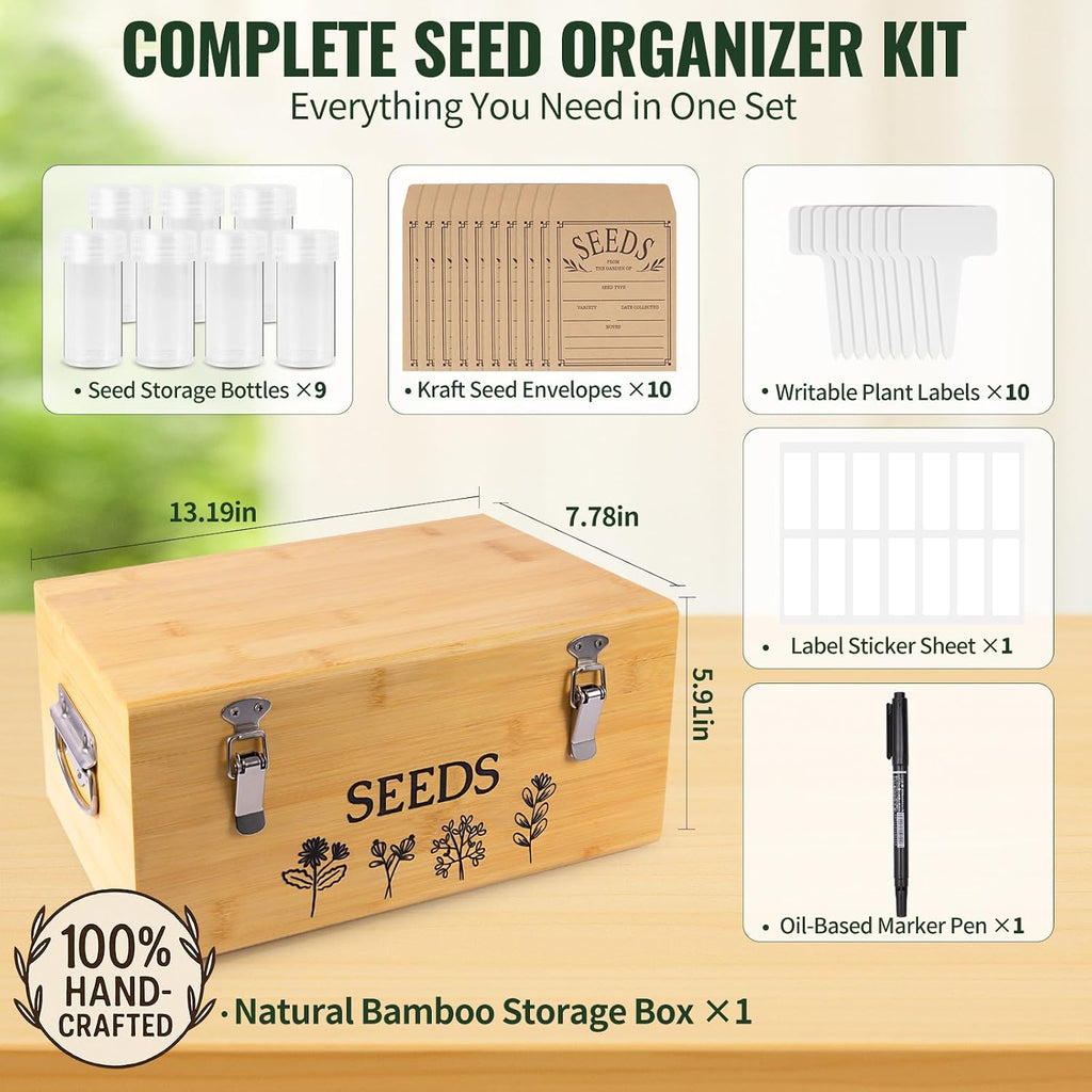 Large Bamboo Wood Seed Storage Organizer Box with Lid,Double-Layer Seal Design Seed Saving Box with 304 Stainless Steel