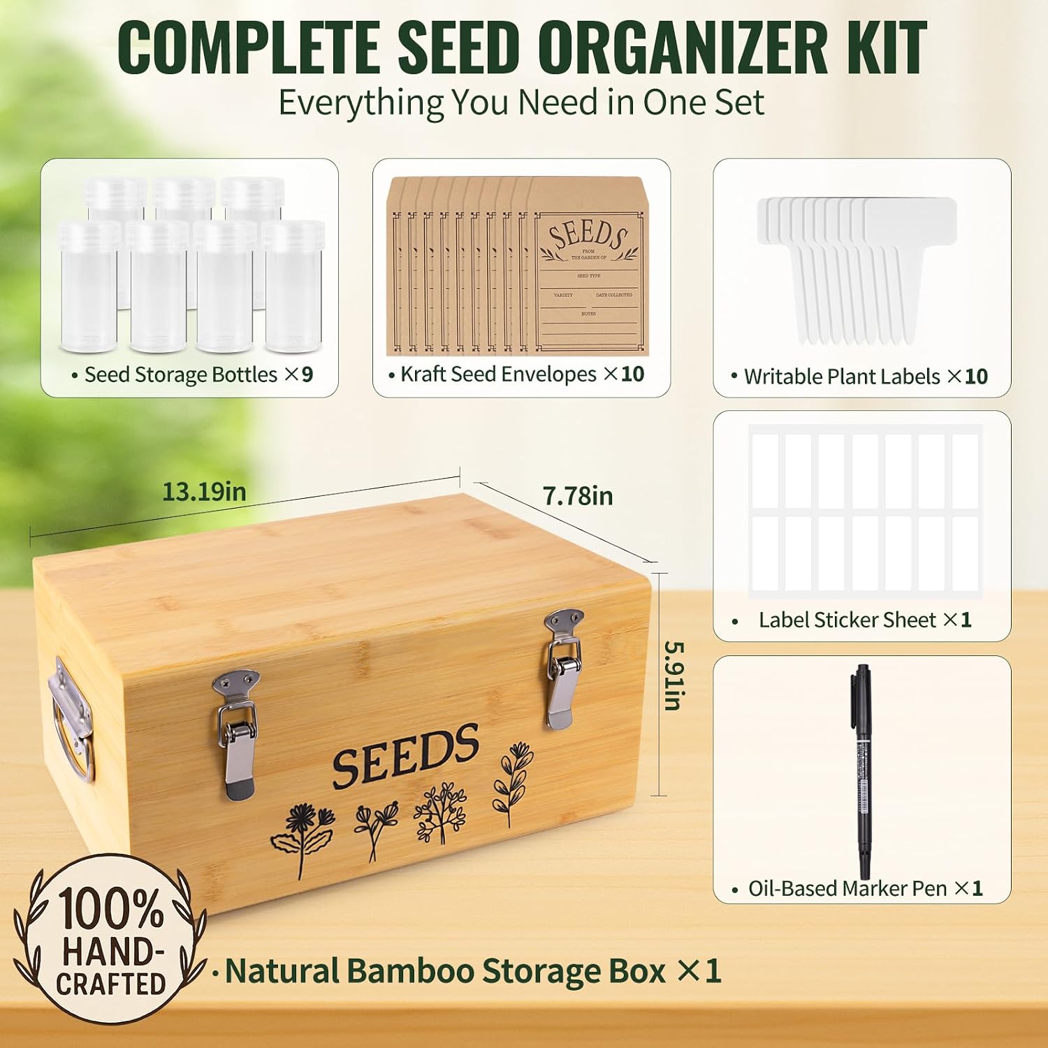 Large Bamboo Wood Seed Storage Organizer Box with Lid,Double-Layer Seal Design Seed Saving Box with 304 Stainless Steel