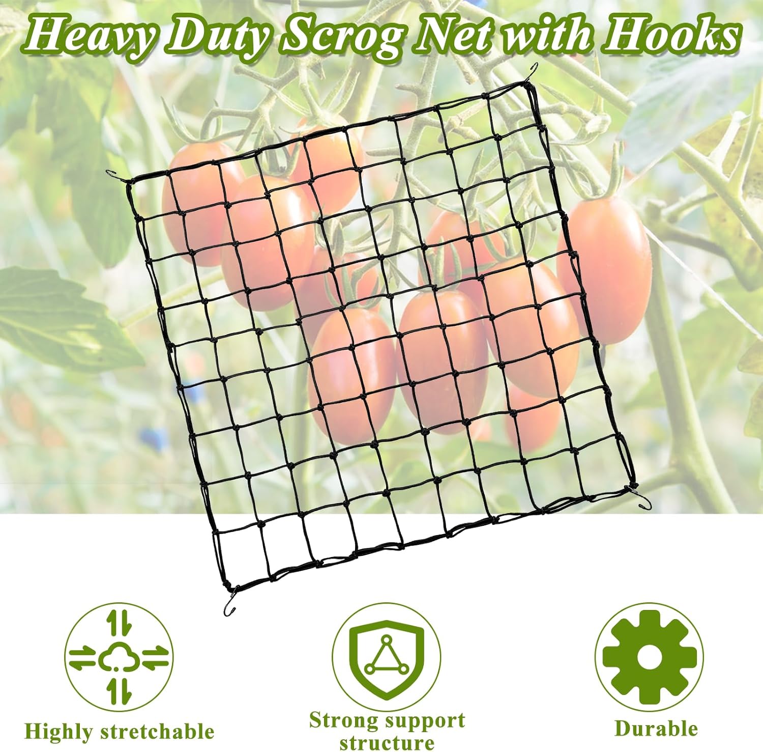 2 Pack 5x5 ft Elastic Trellis Netting for Grow Tent, Heavy Duty Plant Support Net with Steel Hooks and 100 Zip Ties