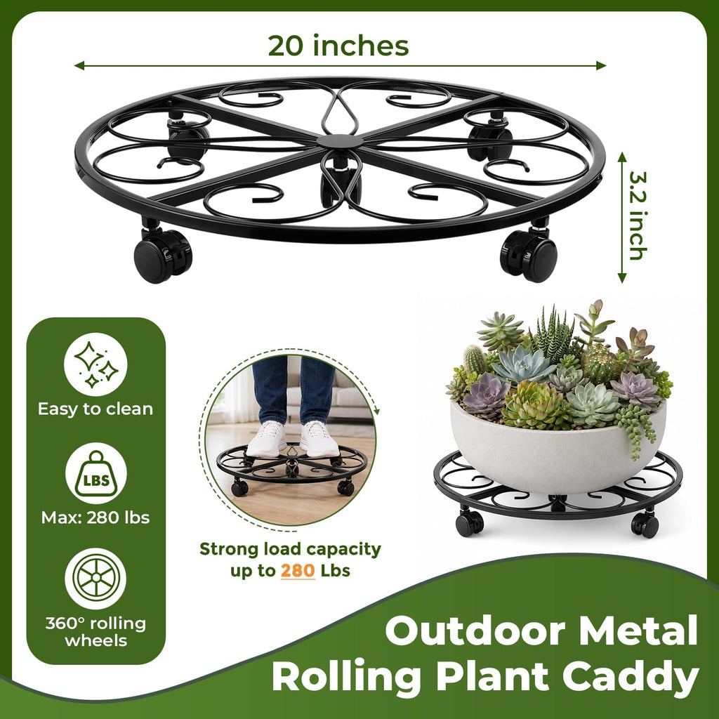 3 Packs 20” Plant Caddy with Wheels Metal Plant Stand on Wheels for Indoor and Outdoor Plants Rolling Plant Stand with