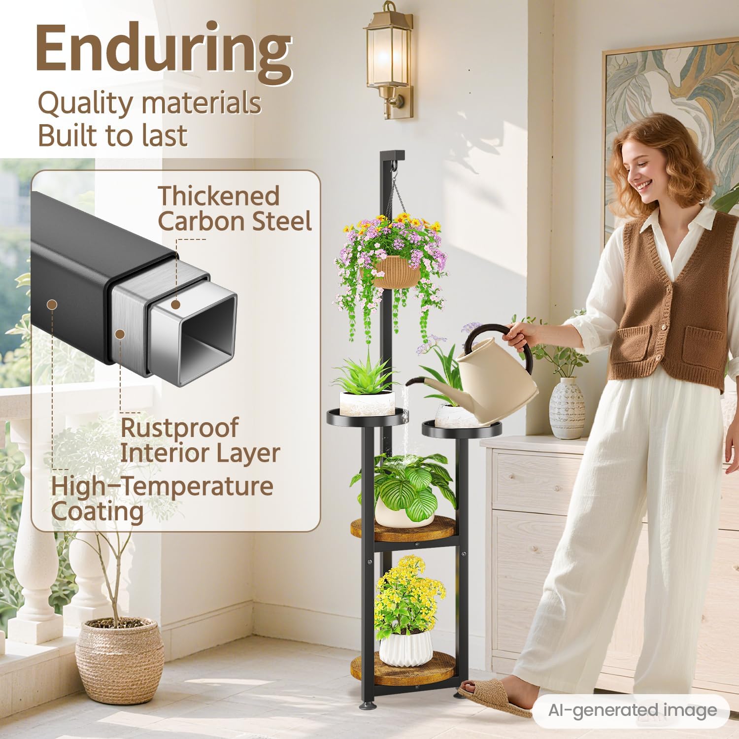 LASZOLA Hanging Plant Stand Holder Indoor Outdoor Tall, 4 Tier Black | Large Heavy Duty Metal Vertical Corner Hanger