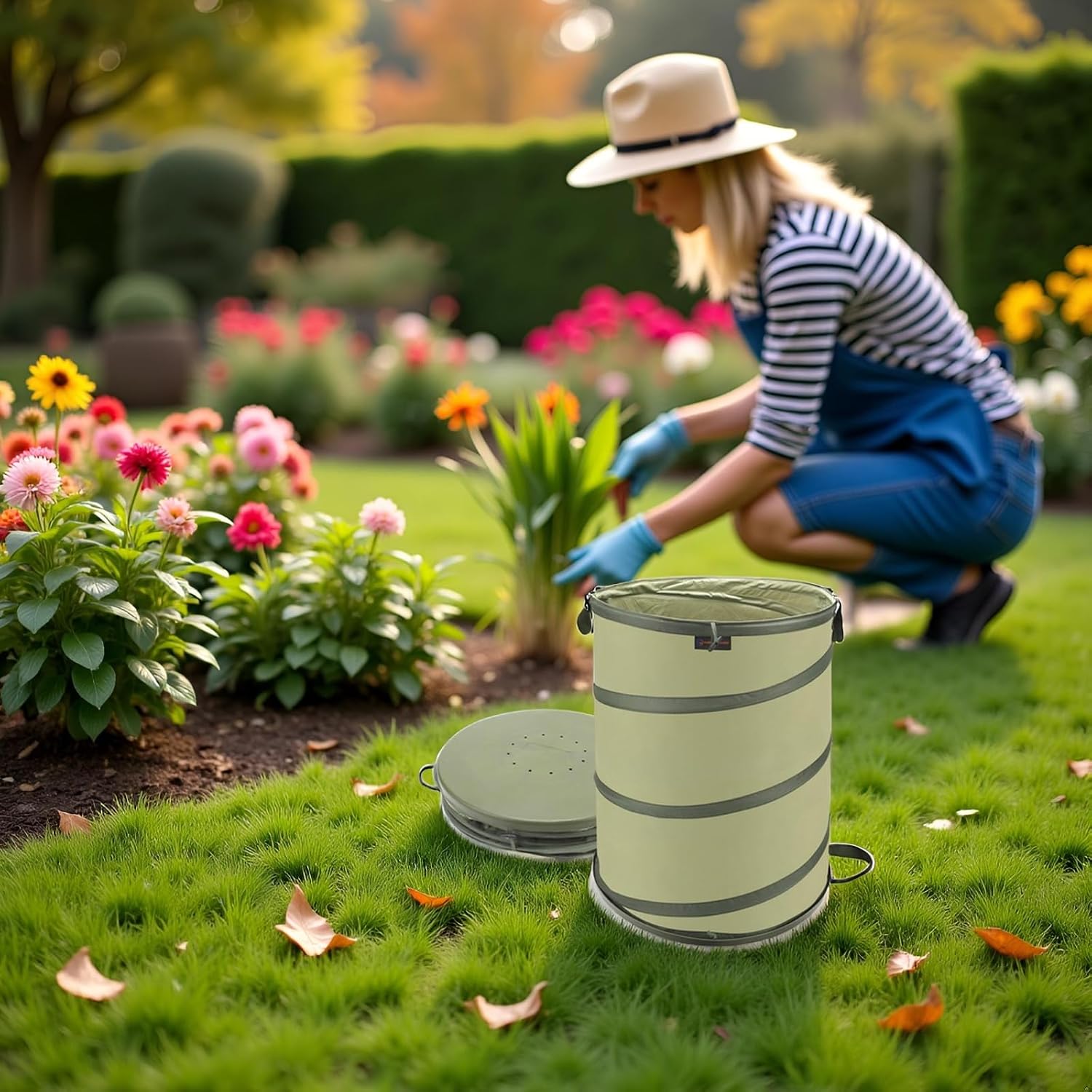 YUDI & GARDEN 45 Gallon Hard Bottom Collapsible Garden Bag | Heavy Duty Collapsible Trash Can for Collecting Weeds